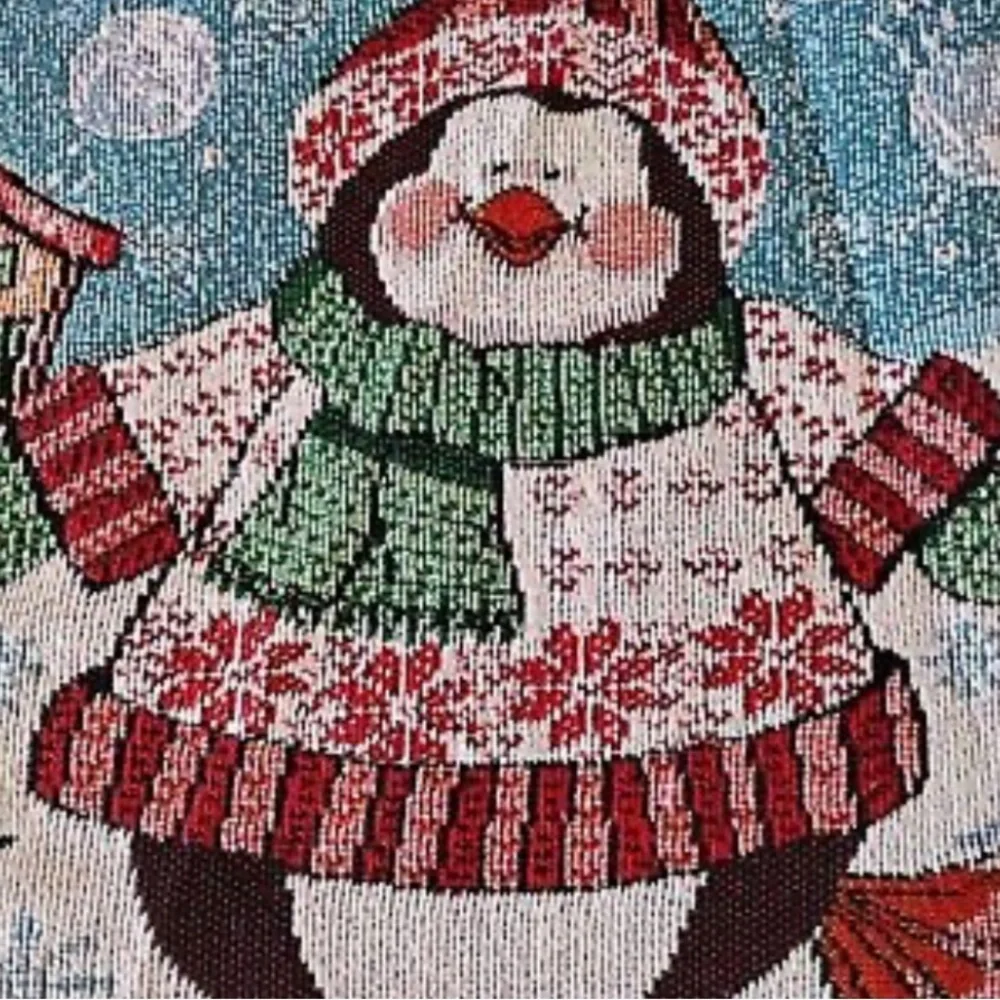VINTAGE TAPESTRY WINTER SNOWBALL SNOW FLAKE PENGUIN PILLOW 17”ACROSS LENGTH 12”
